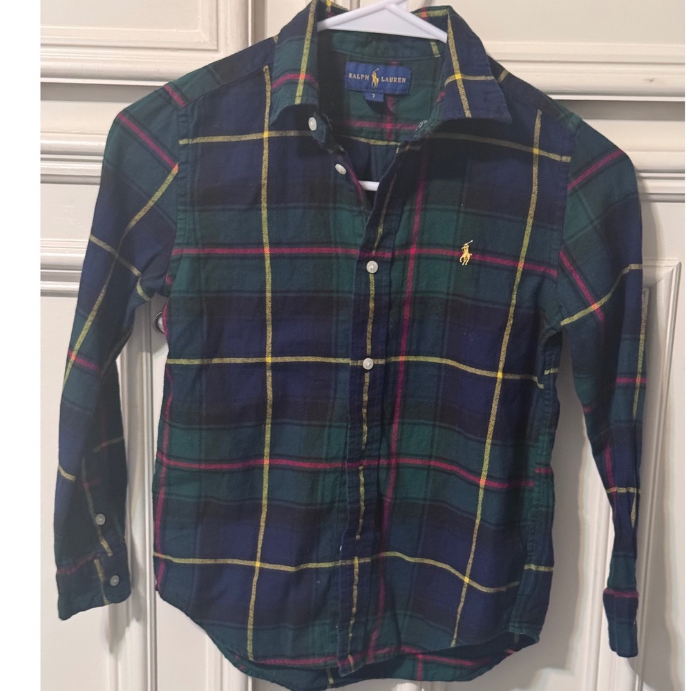 Ralph Lauren Boys 7 Green Navy Plaid Flannel Button Down Shirt Preppy Heritage